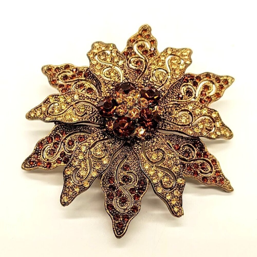 Vintage Tasha Golden Crystal Filigree Flower Pin Brooch